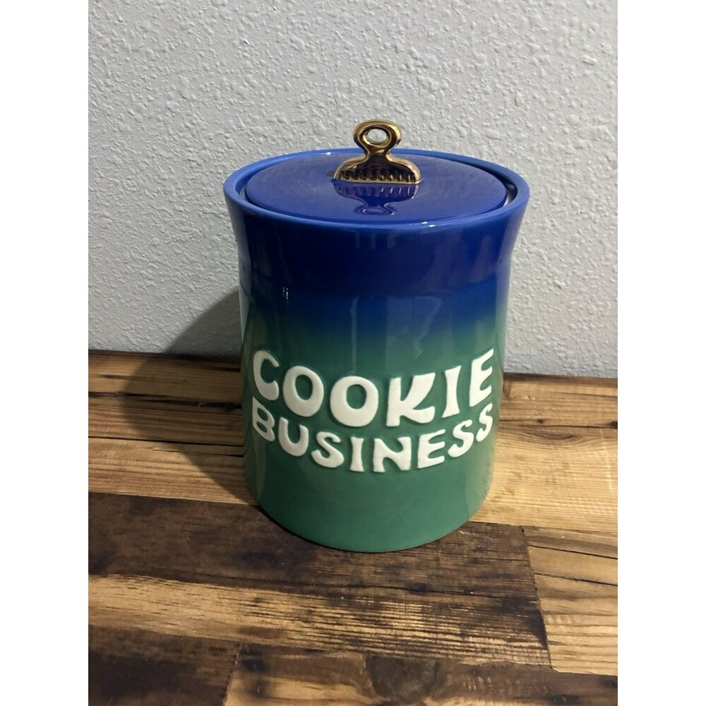 RARE Tabitha Brown Cookie Jar “Cookie Business”  Blue Green Stoneware Ombré